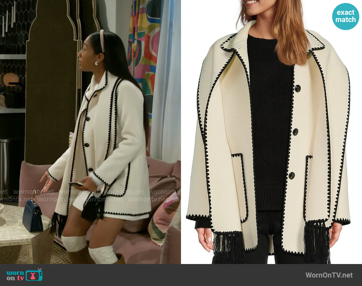 Antonio Melani Kahlani Fringe Scarf Wool Long Sleeve Jacket worn by Samantha Richardson (Najah Jackson) on Beyond the Gates