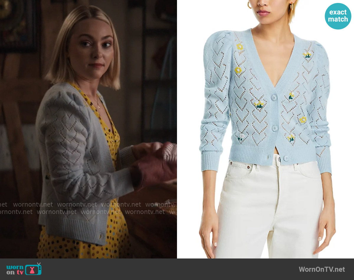 Aqua Embroidered Pointelle Cashmere Cardigan in Blue Ice worn by Alice (AnnaSophia Robb) on Grosse Pointe Garden Society