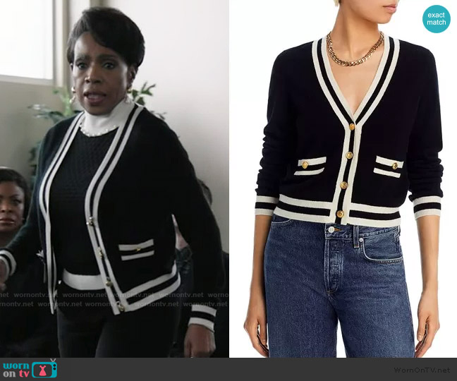 Aqua Stripe Trim Novelty Button Cashmere Cardigan worn by Barbara Howard (Sheryl Lee Ralph) on Abbott Elementary