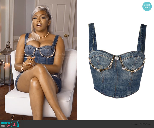 Area Claw Cup crystal-embellished denim bustier worn by Drew Sidora on The Real Housewives of Atlanta