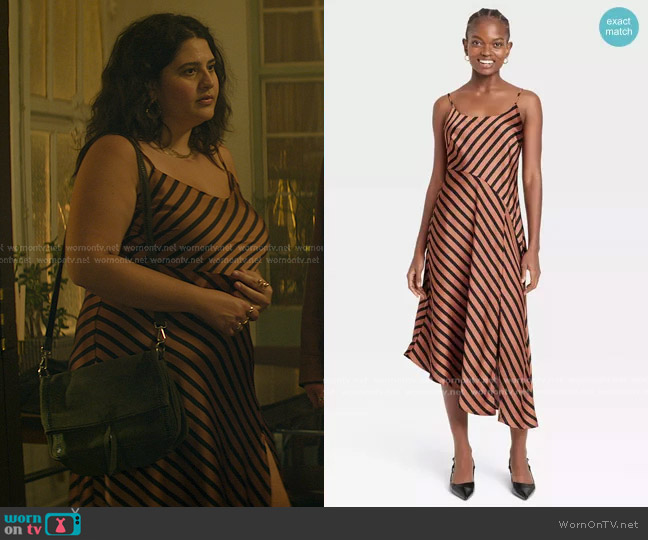 A New Day Asymmetrical Midi Slip Dress in Brown Striped worn by Dominique (Natasha Behnam) on You