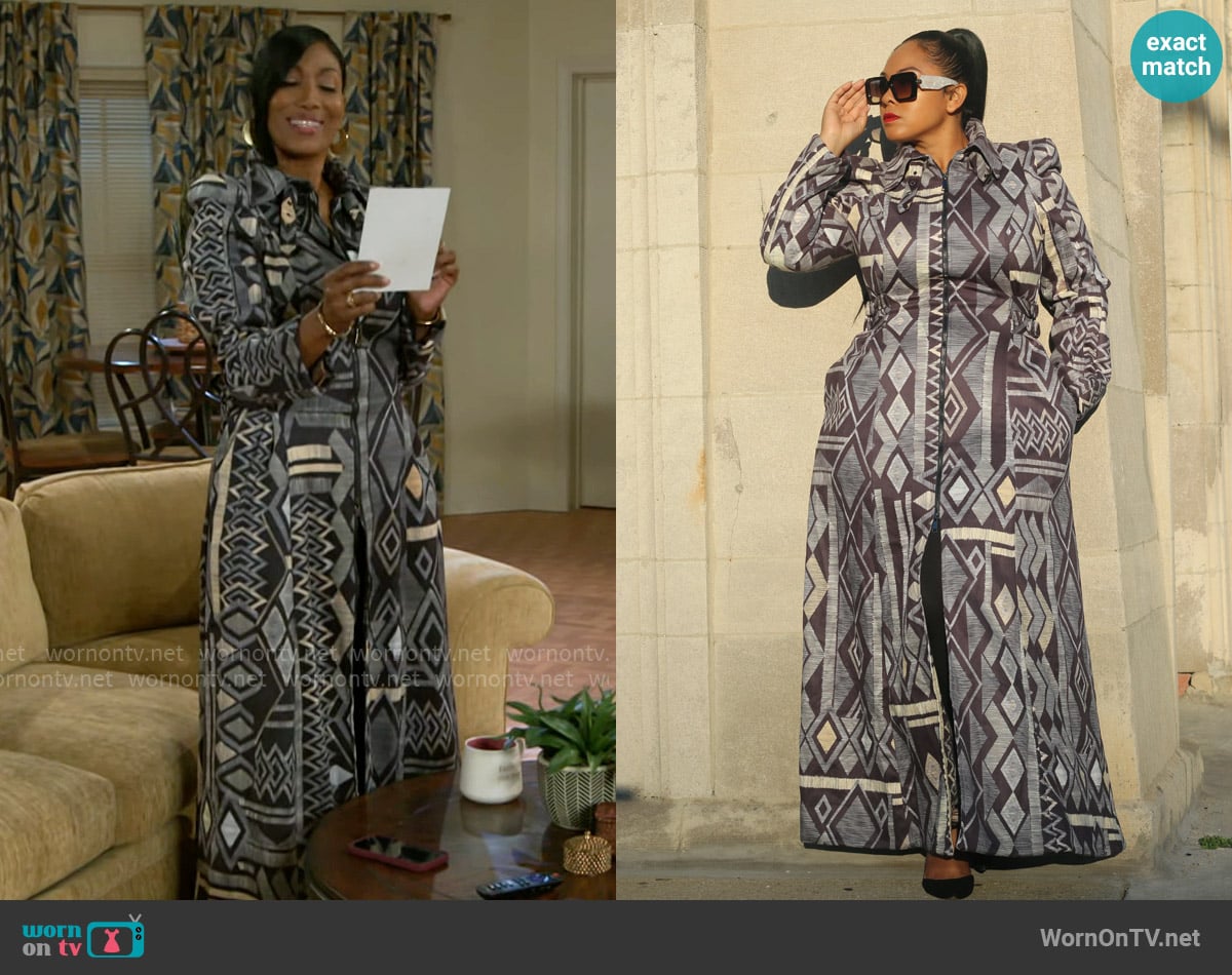 Lady Mocha Aztec Coat Dress from Bronzeville Boutique worn by Dana 'Leslie' Thomas (Trisha Mann-Grant) on Beyond the Gates