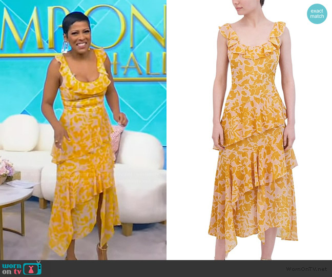 BCBGMaxazria Asymmetric Tiered Midi Dress In Golden Yellow worn by Tamron Hall on Tamron Hall Show
