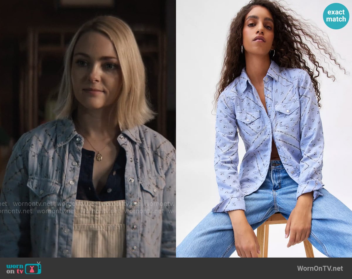 BDG Ariella Printed Western Shirt in Blue worn by Alice (AnnaSophia Robb) on Grosse Pointe Garden Society