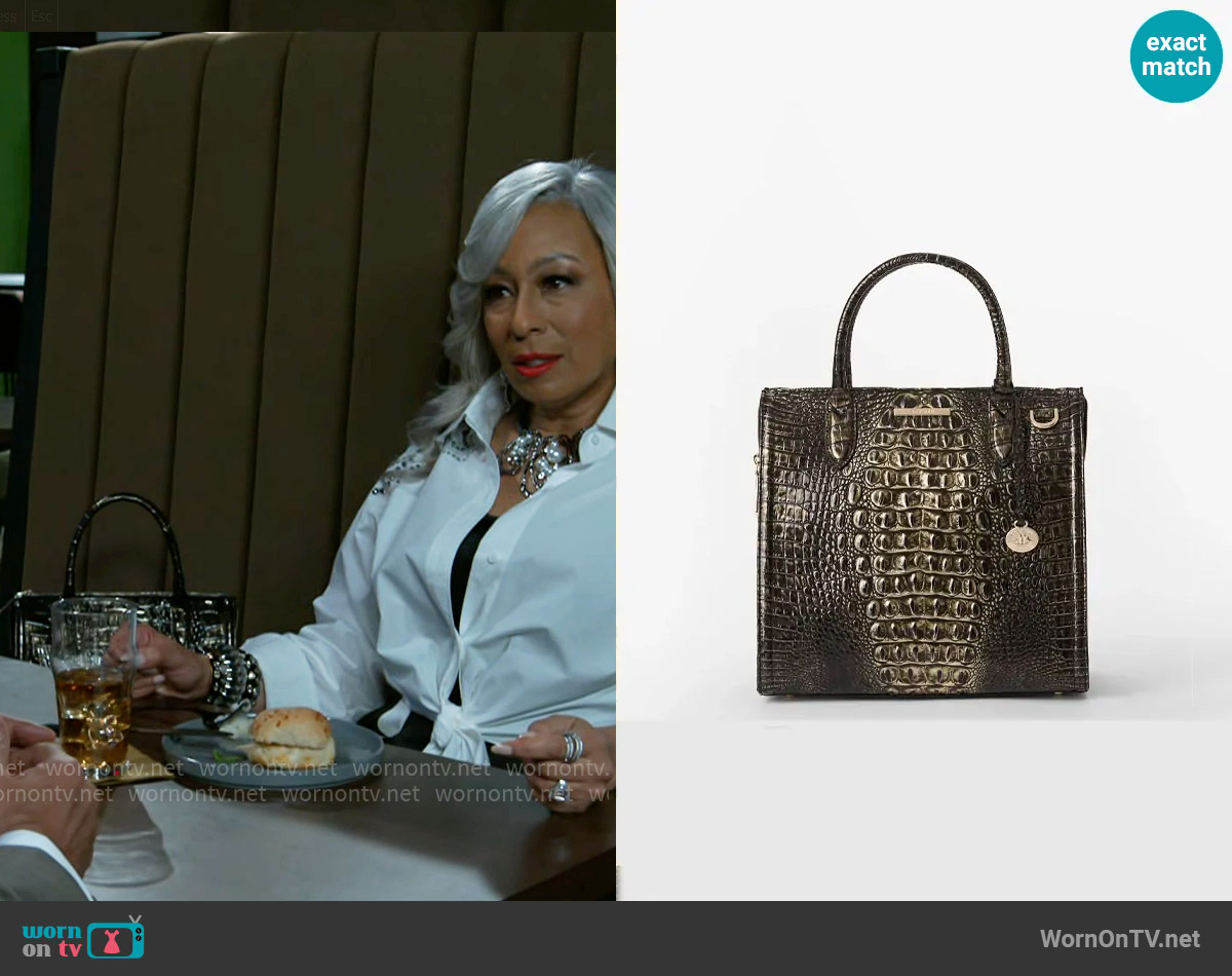 Brahmin Caroline Melbourne Embossed Leather Satchel worn by Anita Dupree (Tamara Tunie) on Beyond the Gates