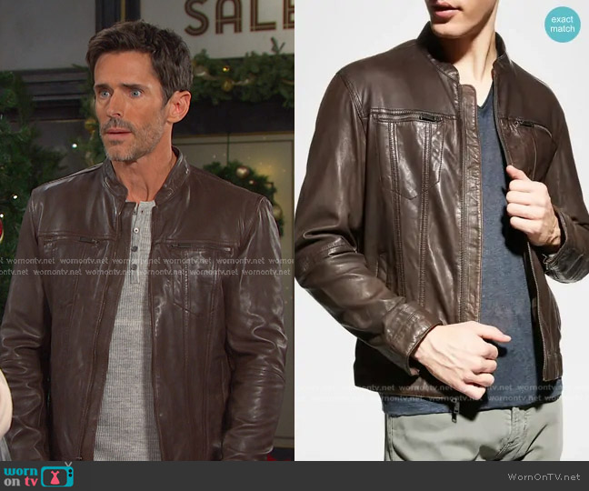 John Varvatos Brando Band Collar Jacket in Chocolate worn by  Shawn Douglas Brady (Brandon Beemer) on Days of our Lives