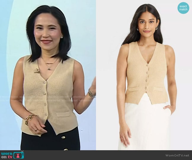Universal Thread Button-Front Sweater Vest in Tan worn by Vicky Nguyen on Today