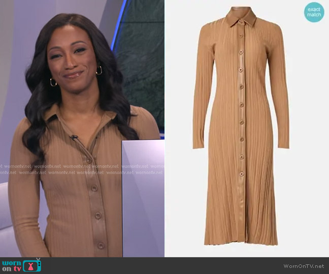 Toccin x RTR Camel Variegated Rib Knit Leather Combo Dress worn by Brittany Bell on Good Morning America