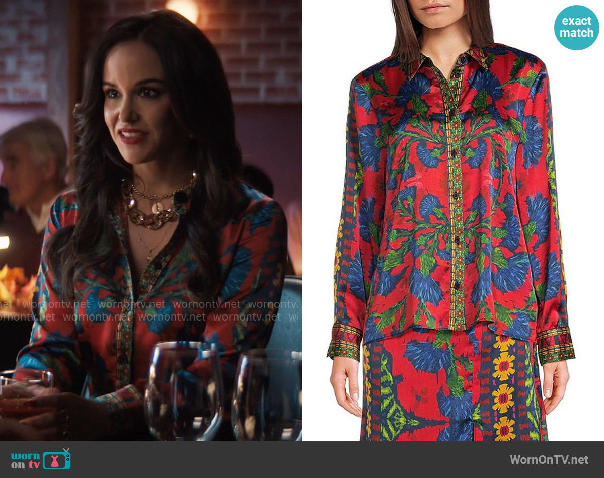 Chelsea & Violet Cora Satin Ikat Print Pointed Collar Blouse worn by Birdie (Melissa Fumero) on Grosse Pointe Garden Society