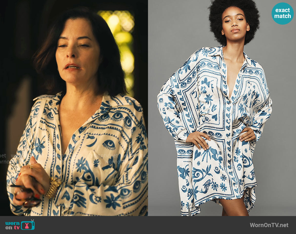 Corey Lynn Calter Long-Sleeve Printed Mini Shirt Dress worn by Victoria Ratliff (Parker Posey) on The White Lotus