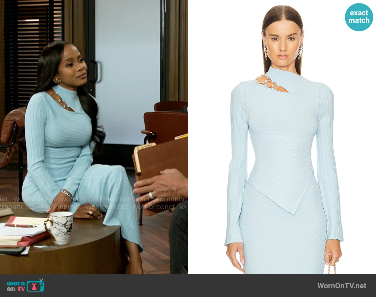 Cult Gaia Ekko Knit Top in Hydrangea worn by Hayley Lawson (Marquita Goings) on Beyond the Gates