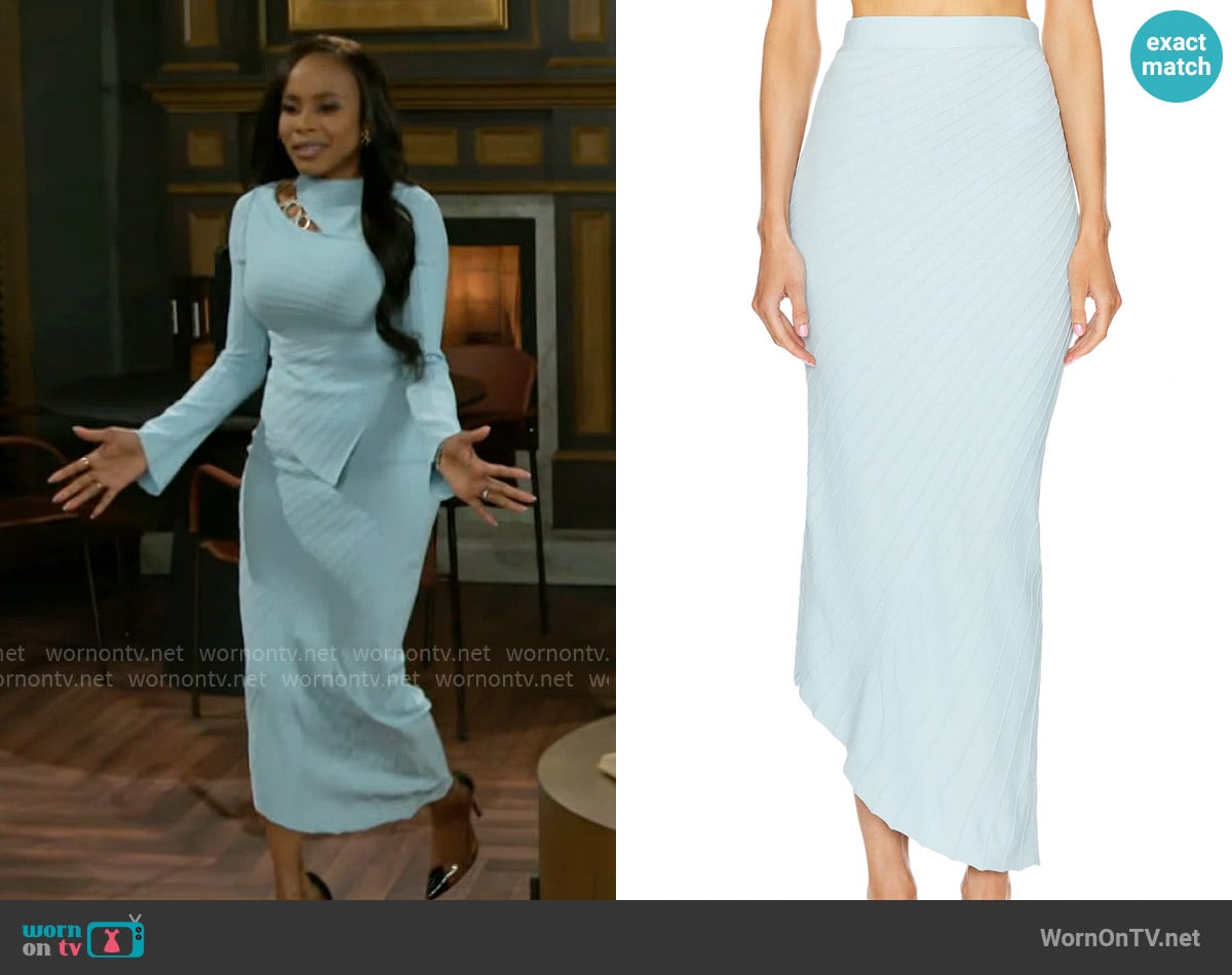 Cult Gaia Ewen Knit Skirt in Hydrangea worn by Hayley Lawson (Marquita Goings) on Beyond the Gates