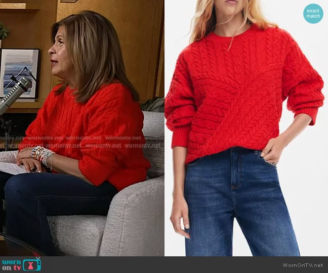 Desigual Exeter Cable Crewneck Sweater in Red worn by Hoda Kotb on Today