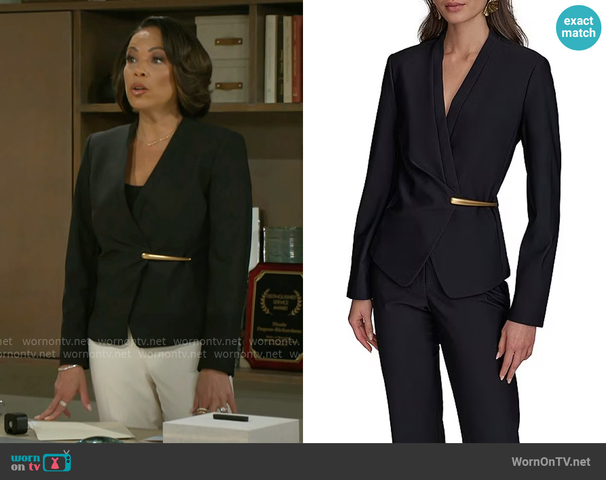 Donna Karan Gold Bar Hardware V-Neck Long Sleeve Wrap Jacket worn by Nicole Dupree Richardson (Daphnee Duplaix) on Beyond the Gates