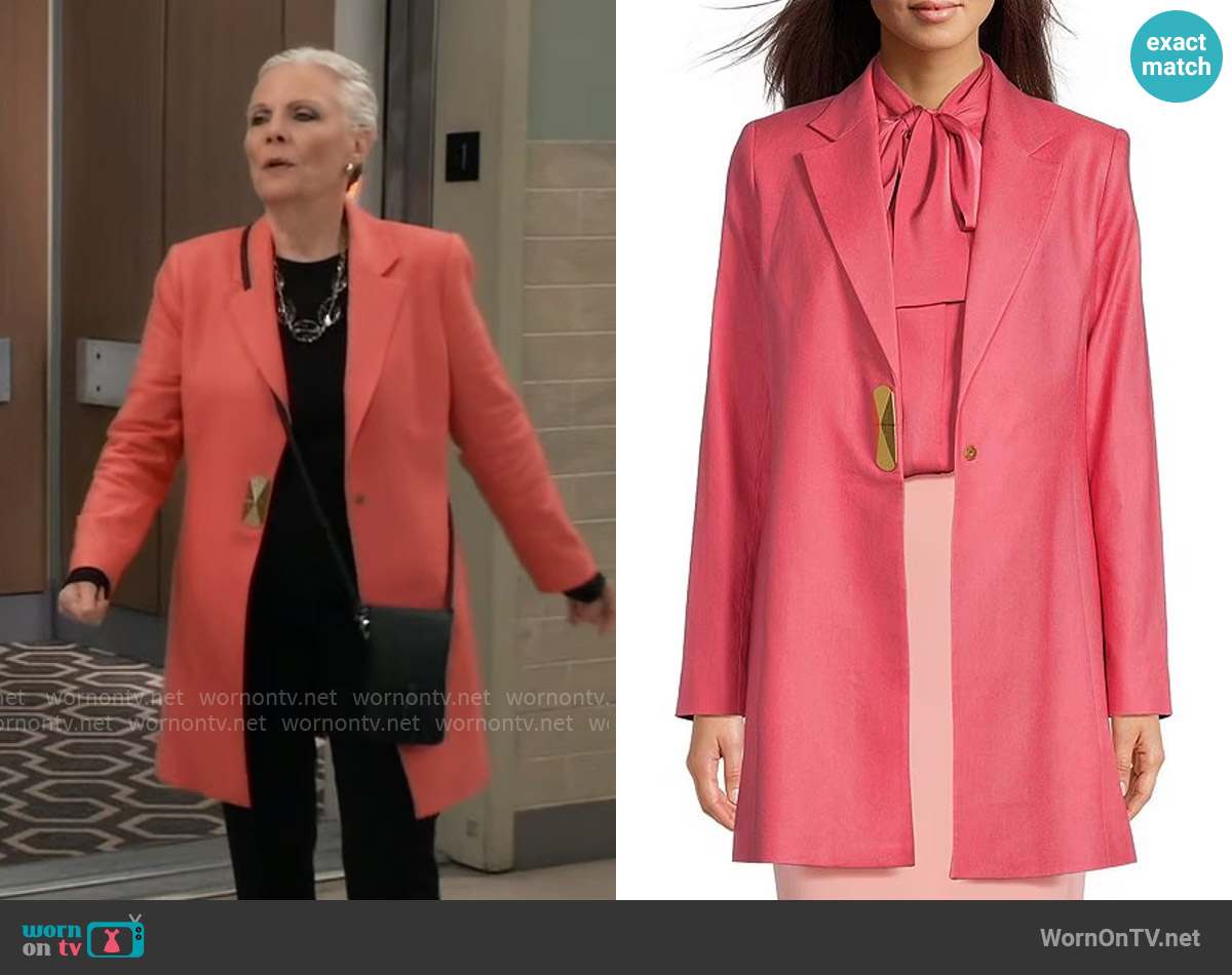 Donna Karan Linen Blend Notch Lapel Collar Long Sleeve Metal Snap Front Jacket worn by Tracy Quartermaine (Jane Elliot) on General Hospital
