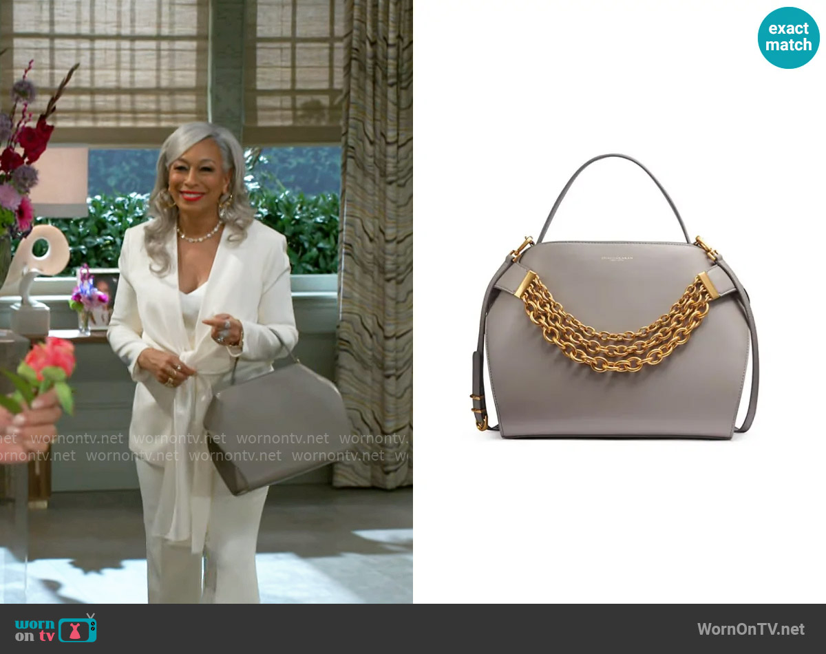 Donna Karan Plandome Chain Top Handle Leather Satchel in Cloud worn by Anita Dupree (Tamara Tunie) on Beyond the Gates