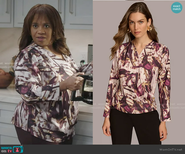 Donna Karan Printed Faux-Wrap Satin Blouse worn by Miranda Bailey (Chandra Wilson) on Greys Anatomy
