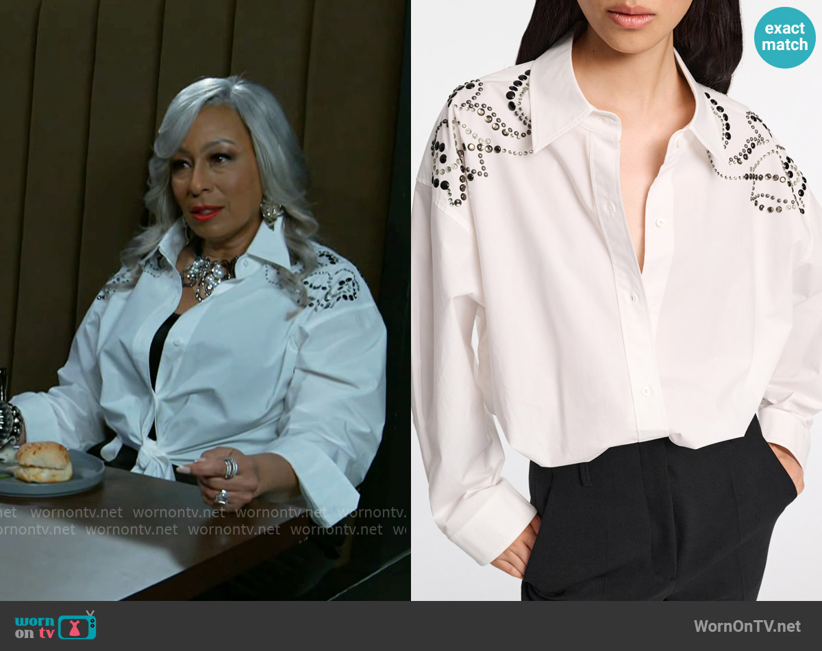 Dorothee Schumacher Poplin Power Blouse worn by Anita Dupree (Tamara Tunie) on Beyond the Gates