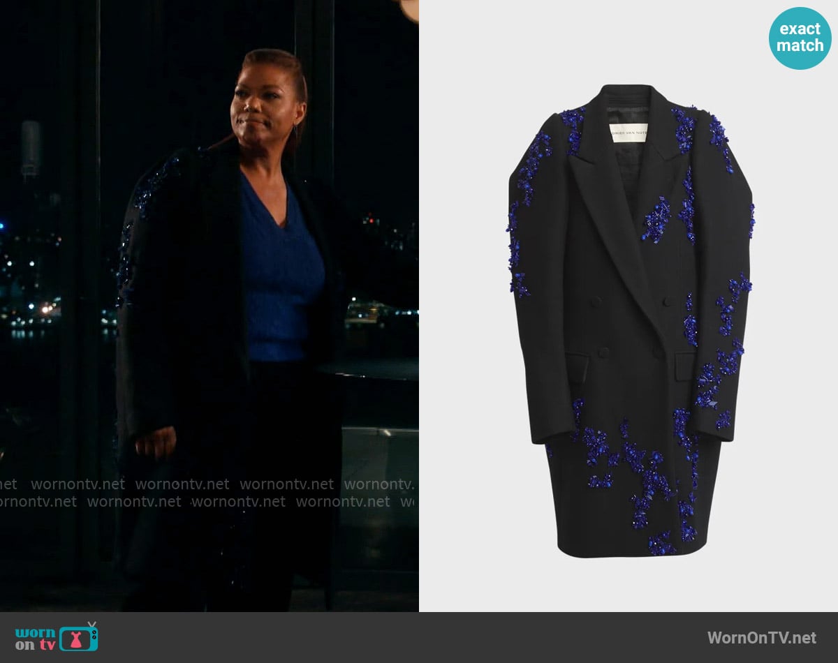 Dries van Noten Rinky Crystal Embellished Overcoat worn by Robyn McCall (Queen Latifah) on The Equalizer