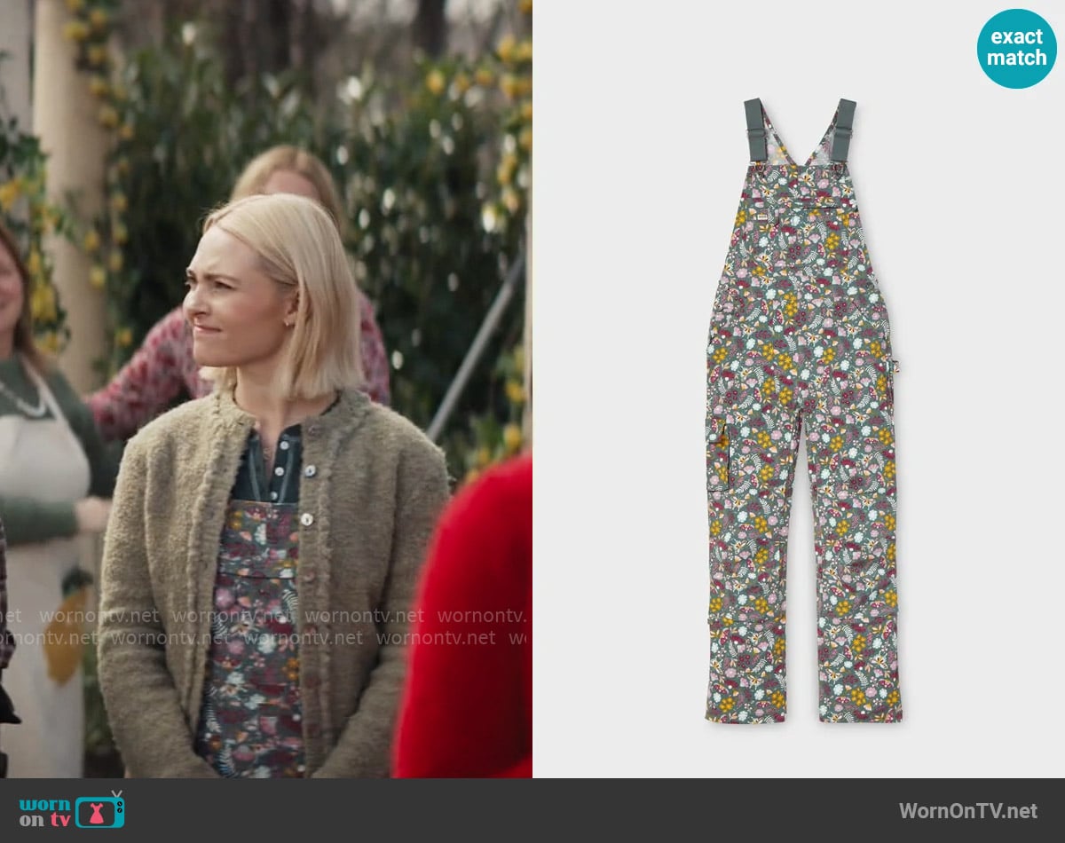 Duluth Trading Co Heirloom Gardening Bib Overalls in Fir Butterfly Floral worn by Alice (AnnaSophia Robb) on Grosse Pointe Garden Society