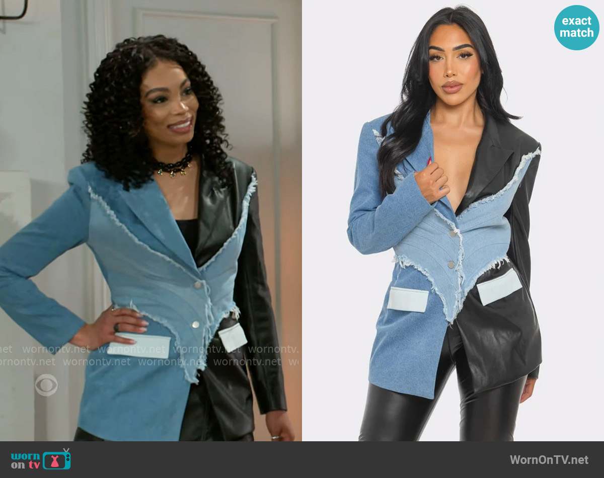 Edgy Denim and Leather Patchwork Blazer worn by Chelsea Hamilton (RhonniRose Mantilla) on Beyond the Gates