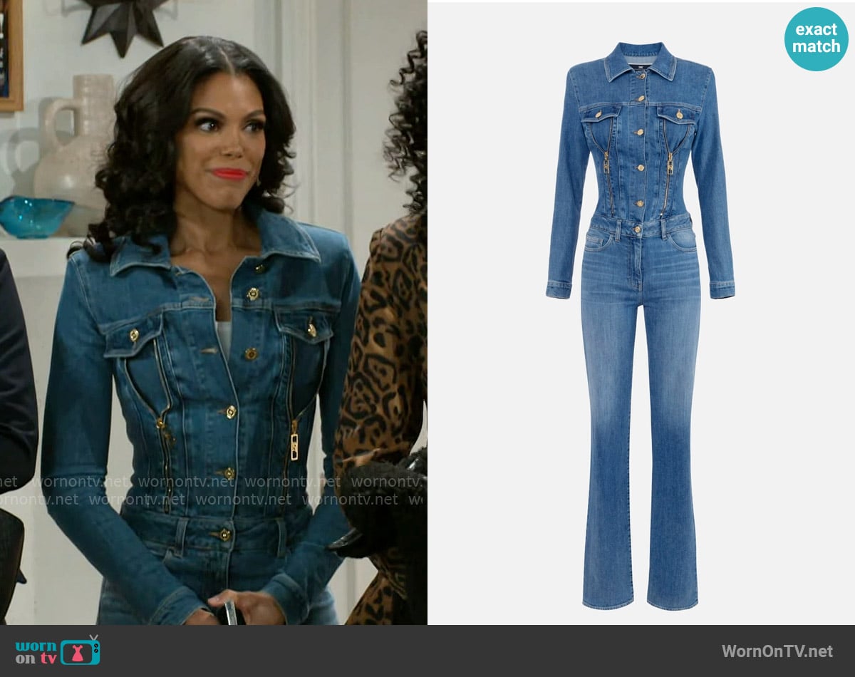 Elisabetta Franchi Denim jumpsuit with zip and shoulder pads worn by Dani Dupree (Karla Mosley) on Beyond the Gates