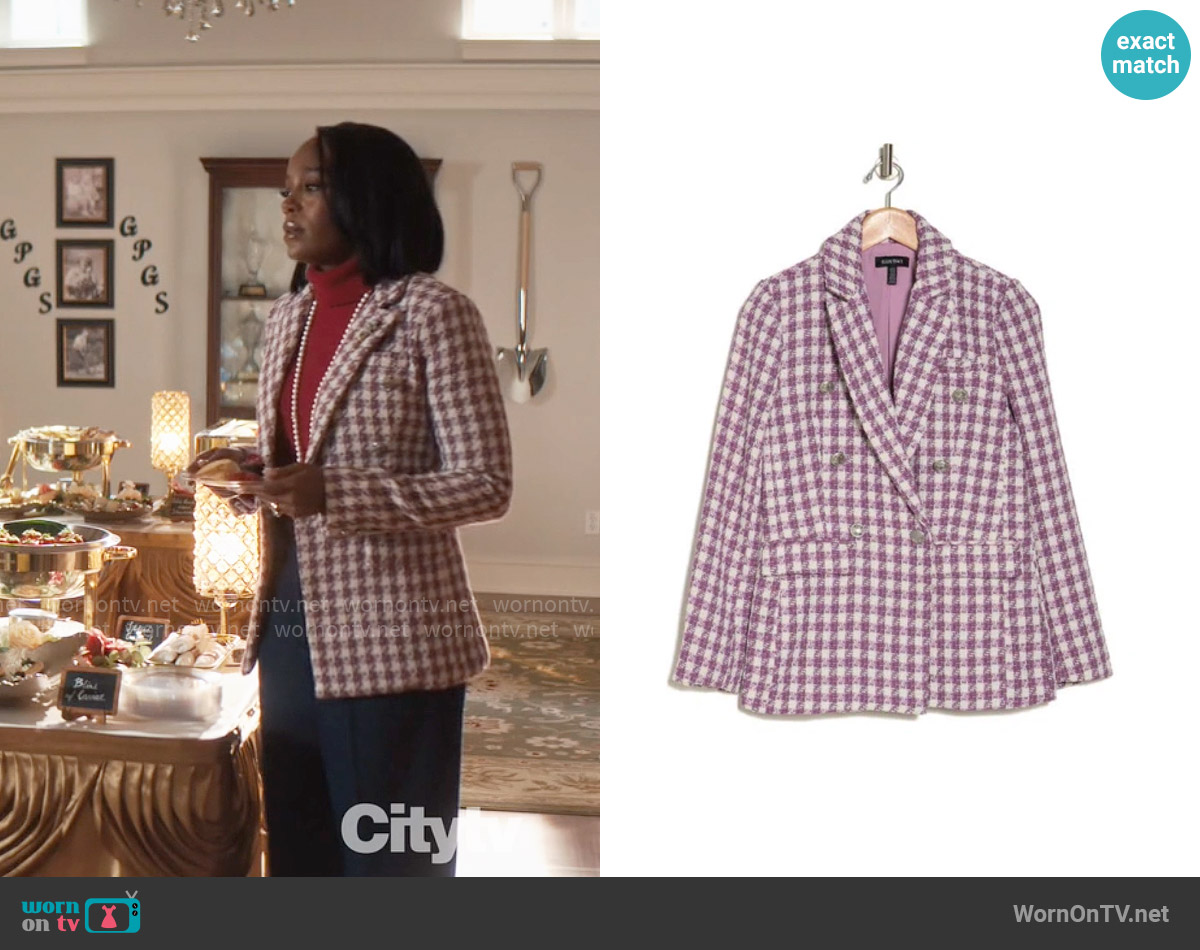 Ellen Tracy Bouclé Double Breasted Blazer In Mauve worn by Catherine (Aja Naomi King) on Grosse Pointe Garden Society