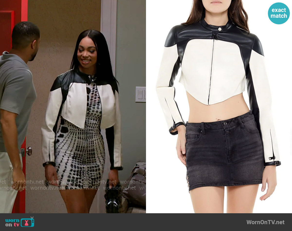 Forever 21 Colorblock Cropped Moto Jacket worn by Chelsea Hamilton (RhonniRose Mantilla) on Beyond the Gates