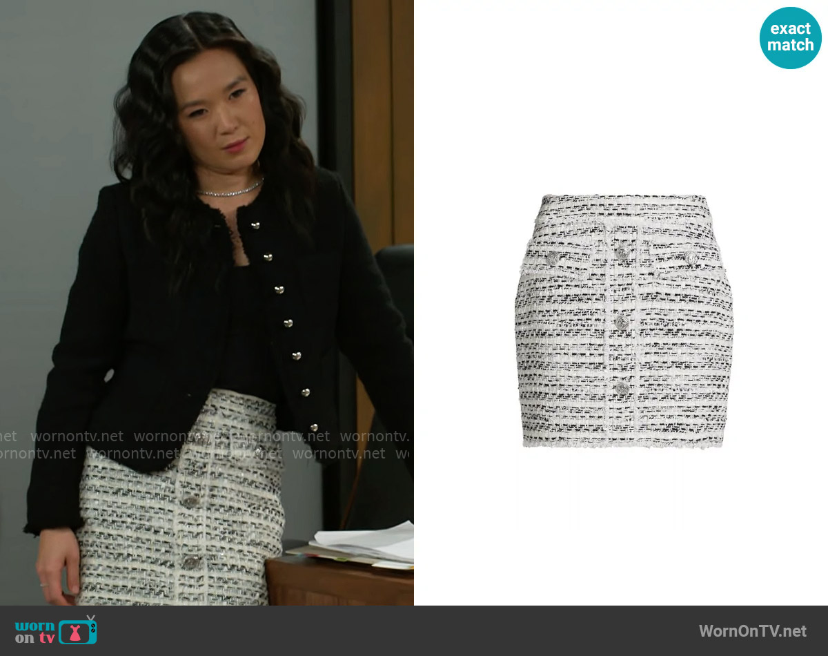 Generation Love Sandra Tweed Miniskirt worn by Caroline Lee (Ellie Wang) on Beyond the Gates