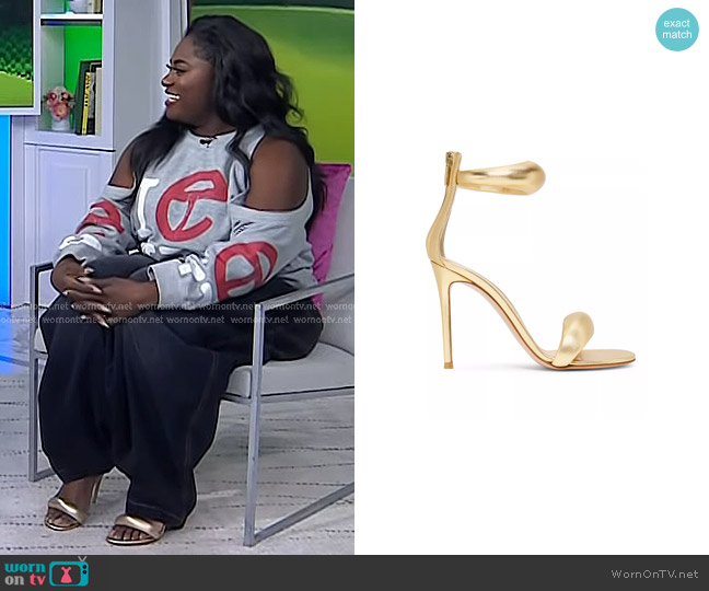 Gianvito Rossi Bijoux Ankle-Strap Metallic Leather Stiletto Sandals in Gold worn by Danielle Brooks on Today