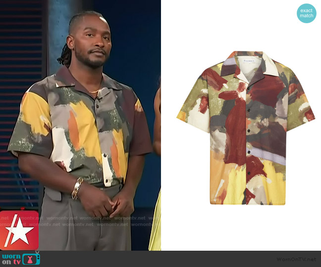 JW Anderson Abstract-print cotton shirt worn by Scott Evans on Access Hollywood
