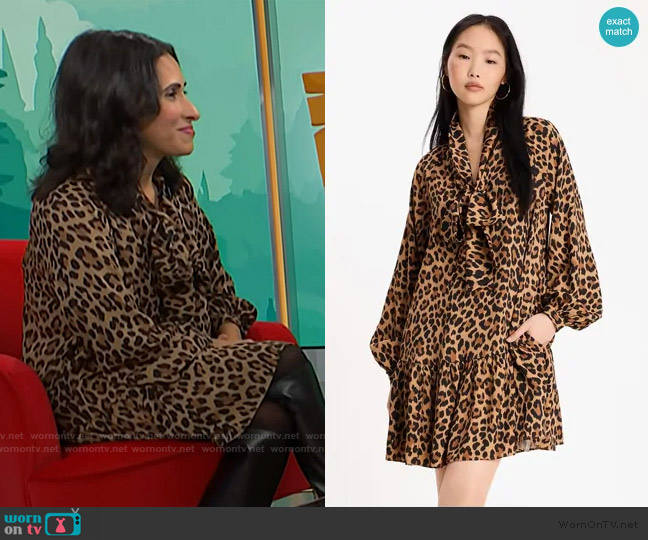 Kate Spade Classic Leopard Tie-neck Dress in Light Tobacco worn by Grace Bastidas on NBC News Daily
