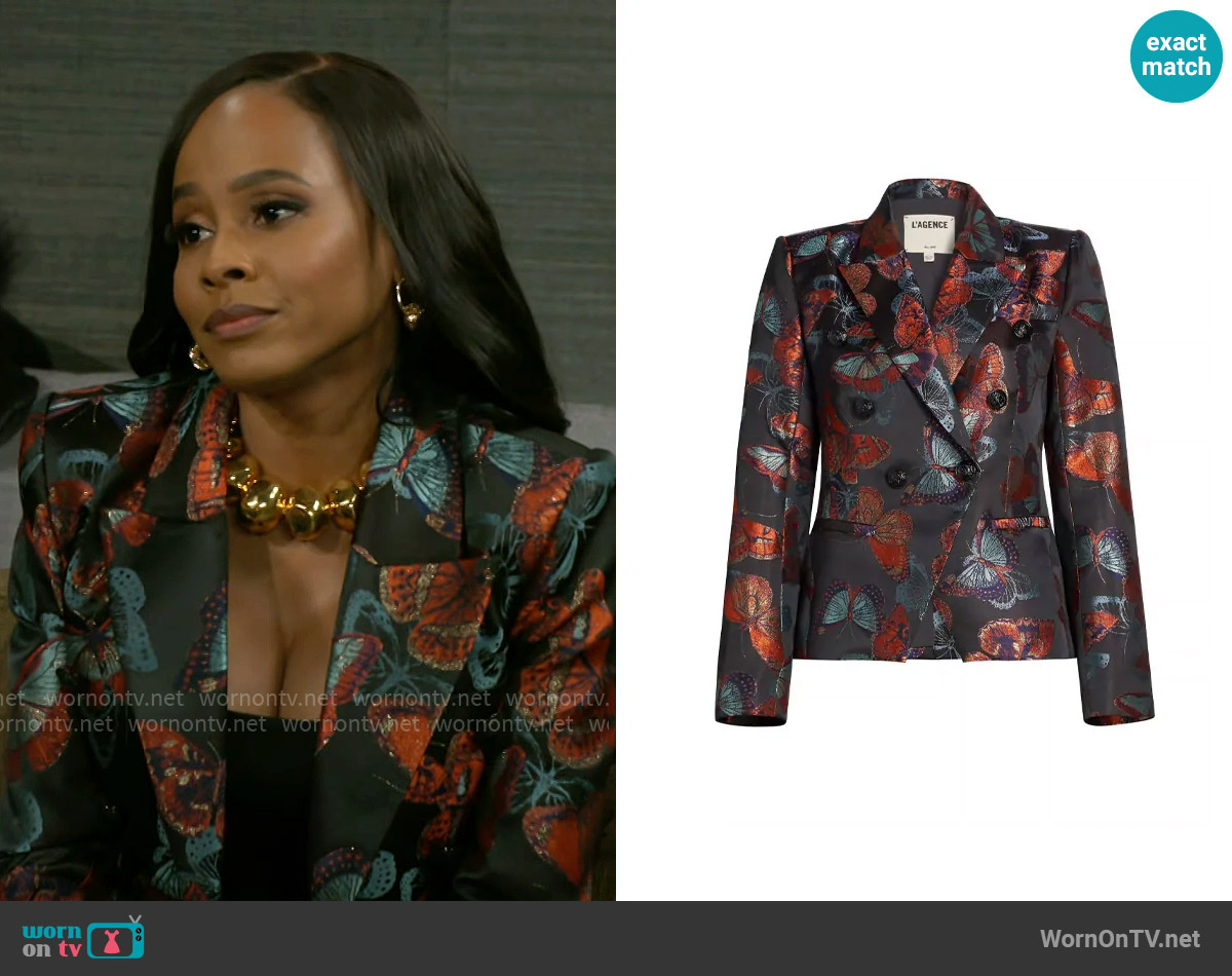 L'Agence Marie Blazer in Multi Butterfly Jacquard worn by Hayley Lawson (Marquita Goings) on Beyond the Gates