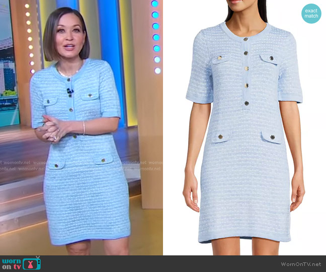 Lilly Pulitzer Theodorah Sweater Sheath Dress in Bluette Metallic Marl worn by Eva Pilgrim on Good Morning America