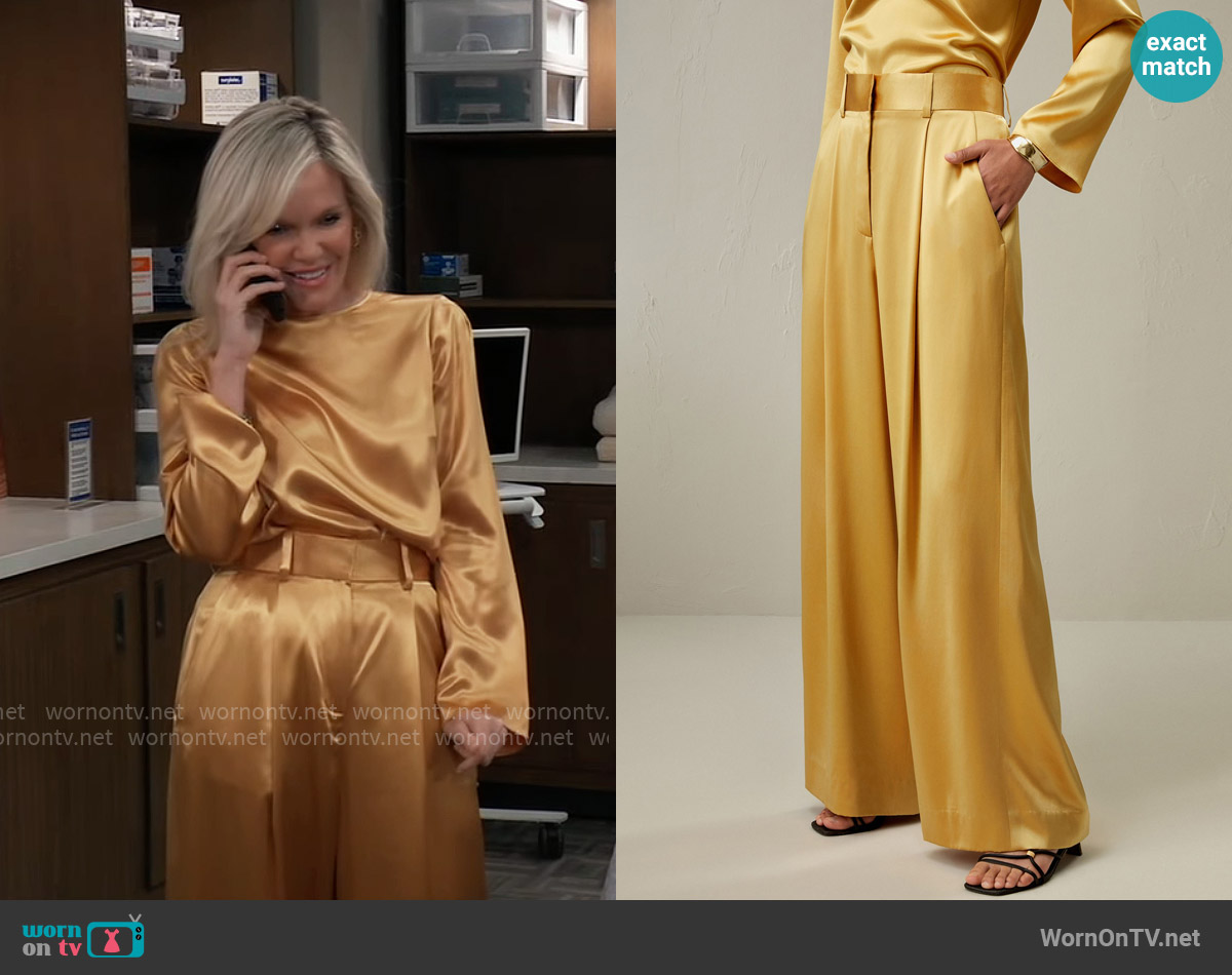 Lily Silk High-Waist Silk Palazzo Pants in Lemon Drop worn by Ava Jerome (Maura West) on General Hospital
