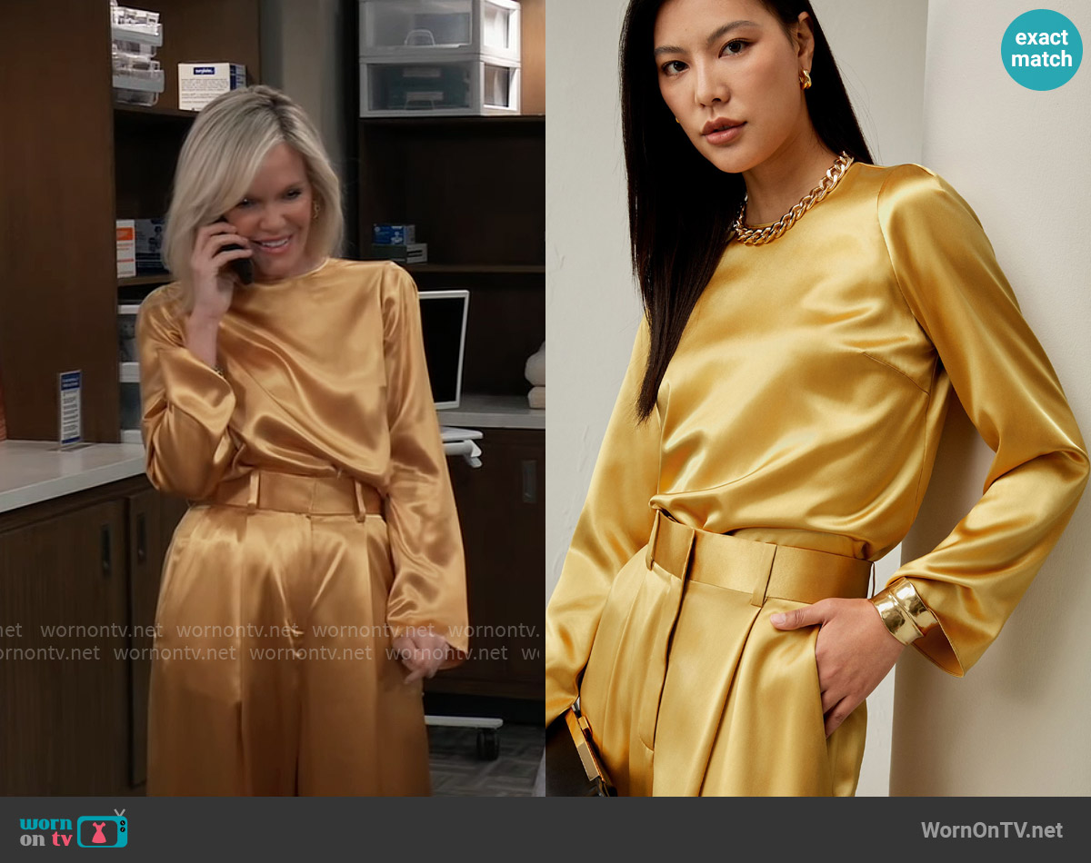 Lily Silk Minimalist Long Sleeve Silk Top in Lemon Drop worn by Ava Jerome (Maura West) on General Hospital