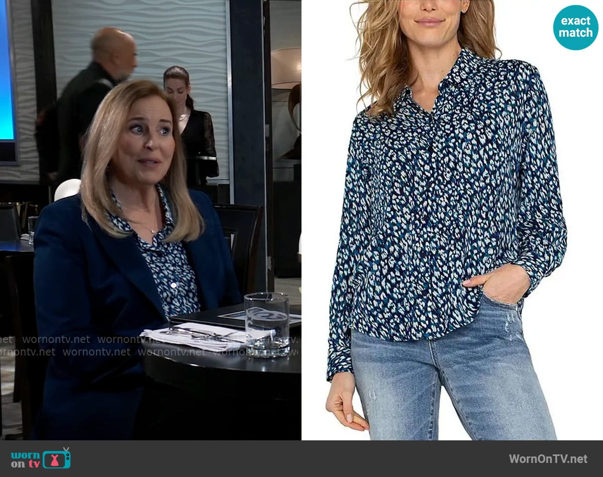 Liverpool Los Angeles Animal Printed Shirt in Blue Topaz Multi worn by Laura Collins (Genie Francis) on General Hospital