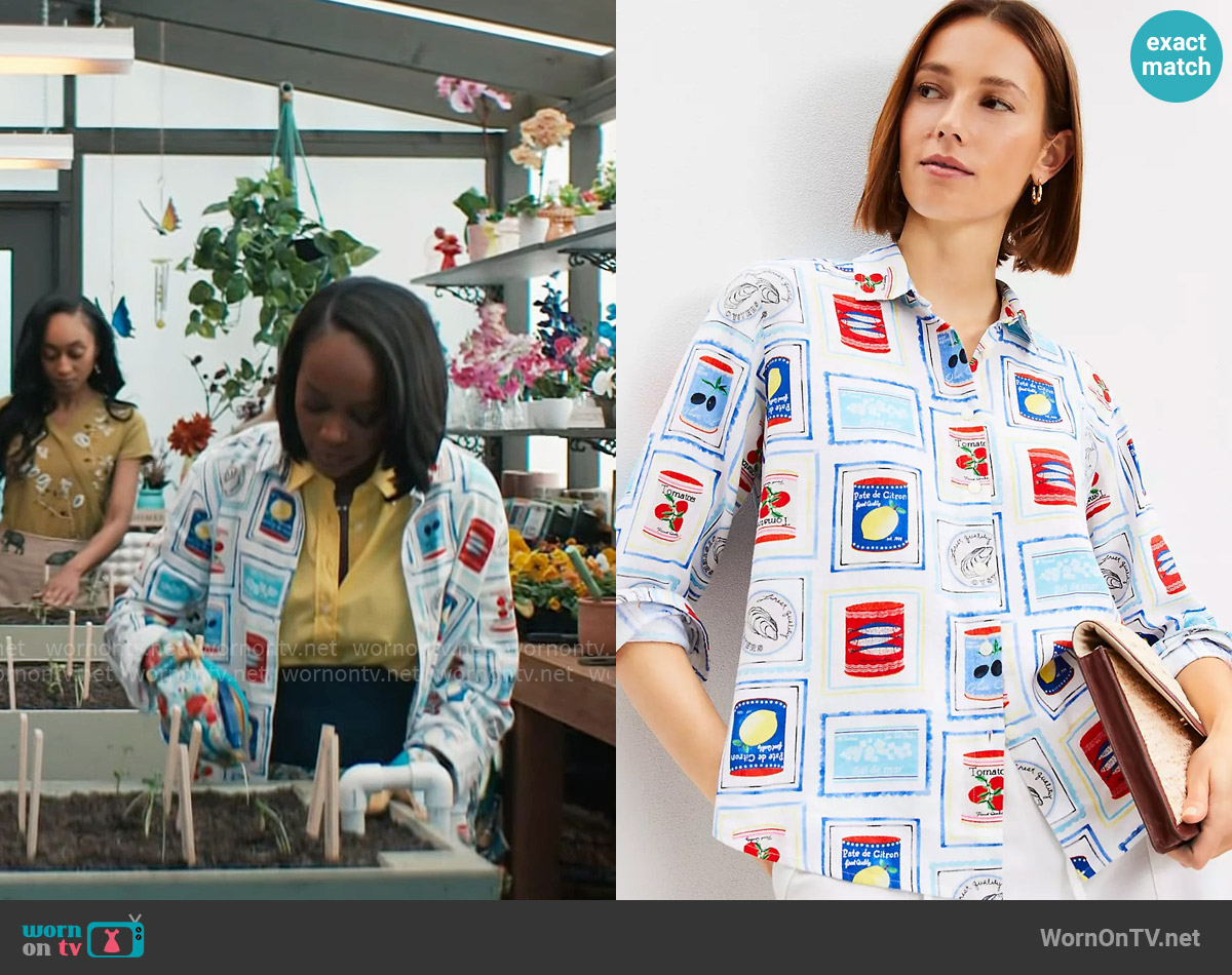 Loft Can Print Linen Blend Relaxed Shirt worn by Catherine (Aja Naomi King) on Grosse Pointe Garden Society