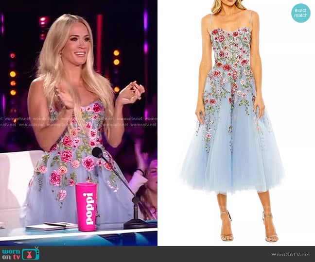 Mac Duggal Cocktail Floral Embroidered Tulle Midi-Dress in Powder Blue worn by Carrie Underwood on American Idol