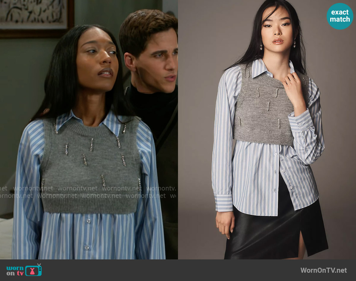 Maeve Embellished Crop Vest & Buttondown Twofer Top worn by Samantha Richardson (Najah Jackson) on Beyond the Gates