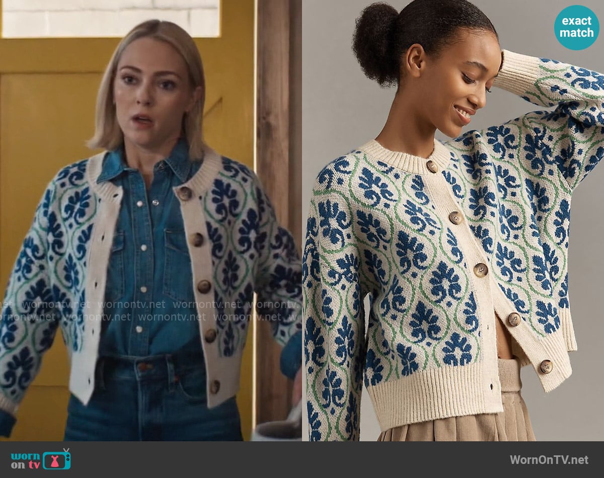 Maeve Graphic Intarsia Cardigan Sweater worn by Alice (AnnaSophia Robb) on Grosse Pointe Garden Society