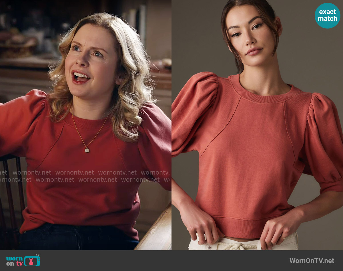 Maeve Short Puff-Sleeve Sweatshirt worn by Sam (Rose McIver) on Ghosts