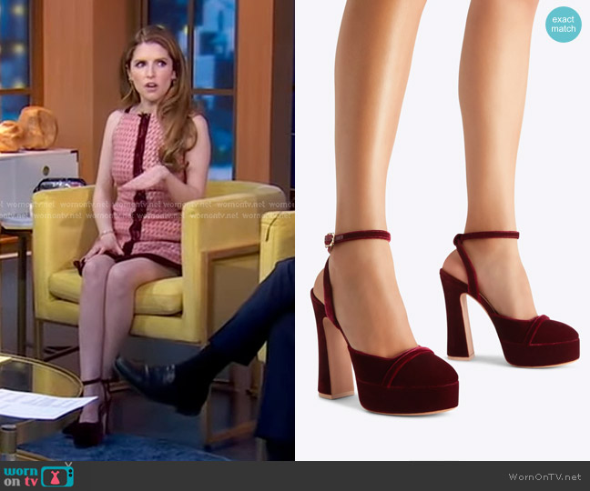 Malone Souliers Mora 125 Red Velvet Platforms worn by Anna Kendrick on Good Morning America