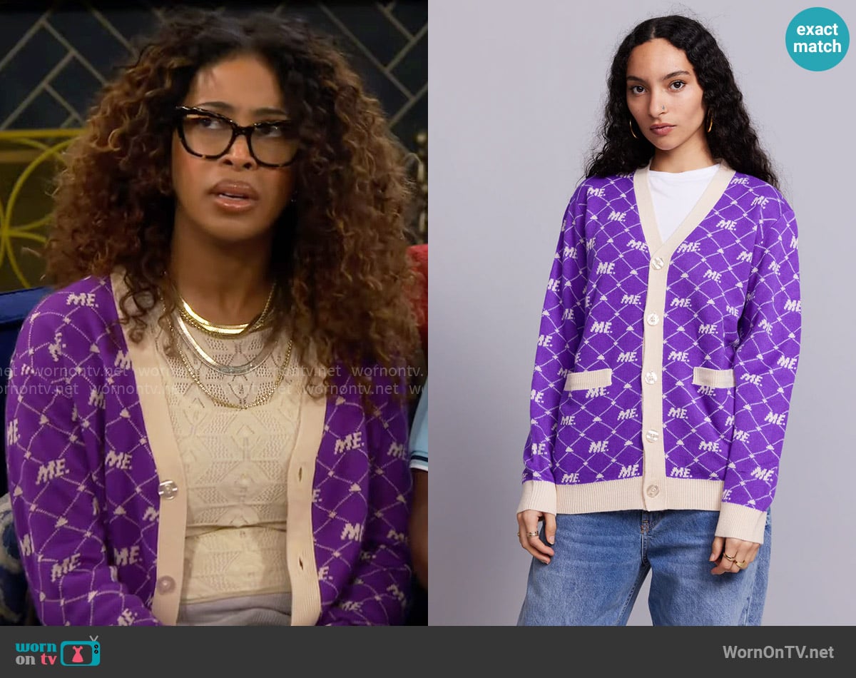 Melody Ehsani ME. Monogram Cardigan- Magic Purple worn by Courtney (Skye Townsend) on The Neighborhood