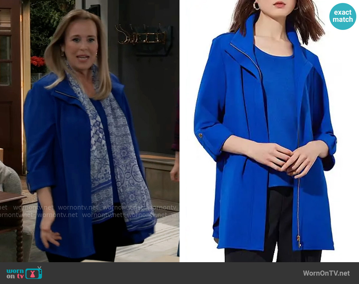 Ming Wang Deco Crepe Woven Lapel Collar 3/4 Roll-Tab Sleeve Pocketed Jacket worn by Laura Collins (Genie Francis) on General Hospital