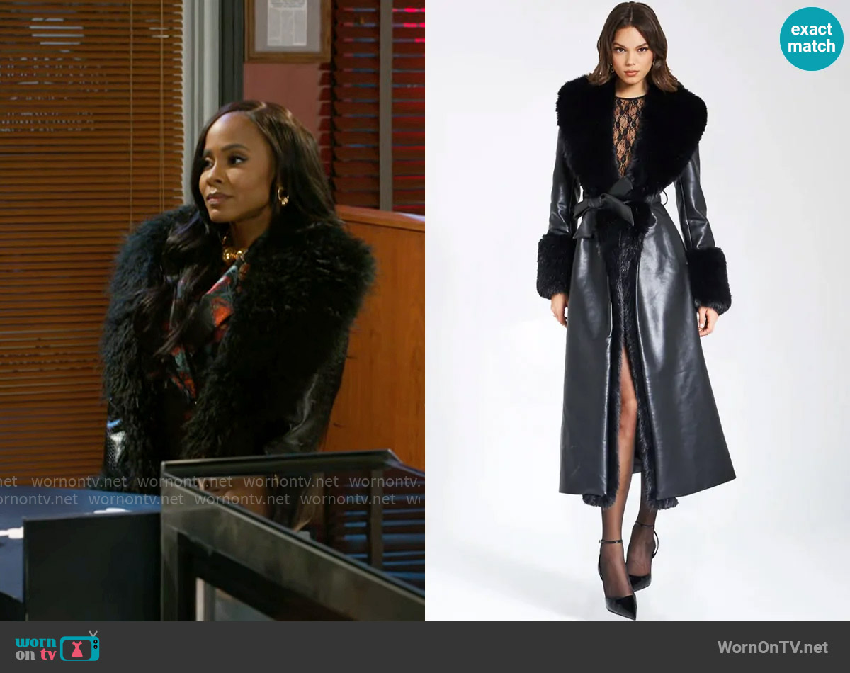 Miss Circle Zaida Black Vegan Fur Trim Black Vegan Leather Coat worn by Hayley Lawson (Marquita Goings) on Beyond the Gates