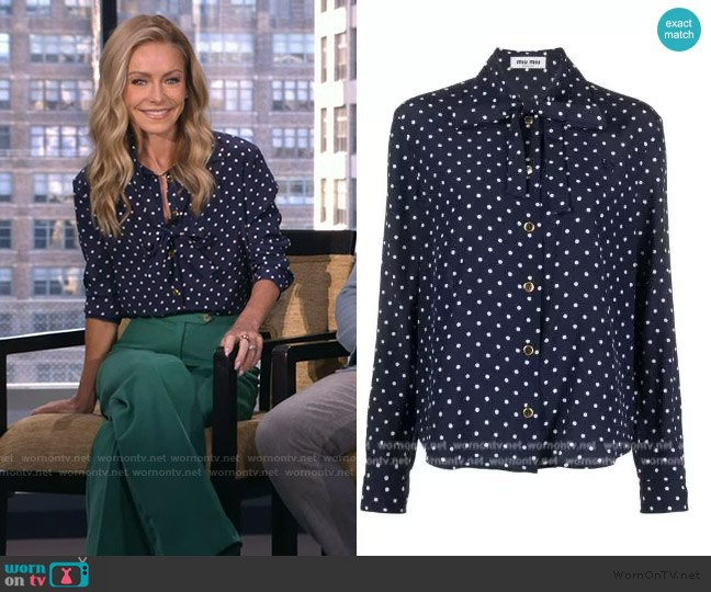 Miu Miu Polka-dot silk shirt worn by Kelly Ripa on Live with Kelly and Mark