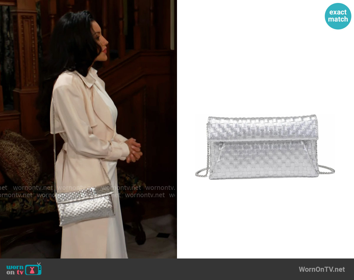 Moda Luxe Priscilla Clutch in Silver worn by Audra Charles (Zuleyka Silver) on The Young and the Restless