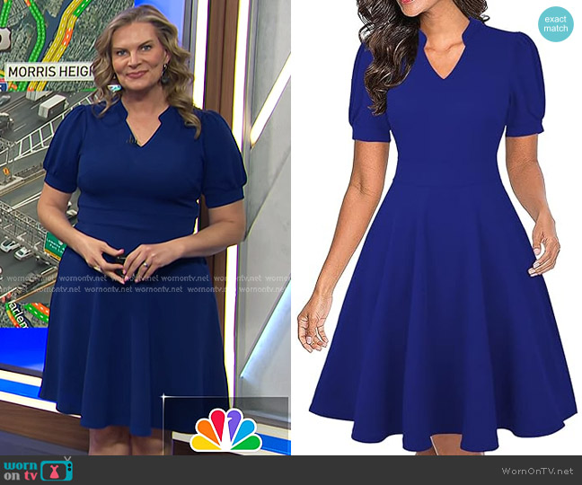 Mokayee Short Puff Sleeve Fit and Flare Dress in Royal Blue worn by Emily West on Today