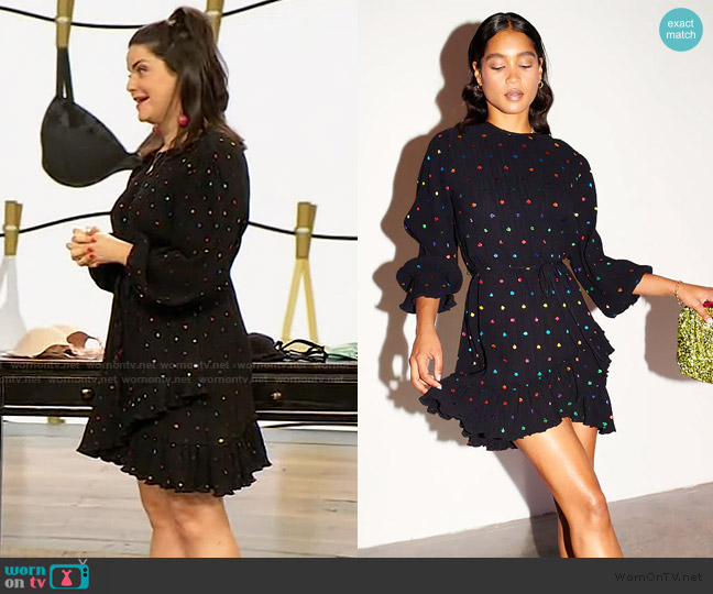 Never Fully Dressed Multi Spot Plisse Marnie Dress worn by Kimmay Caldwell on The Drew Barrymore Show